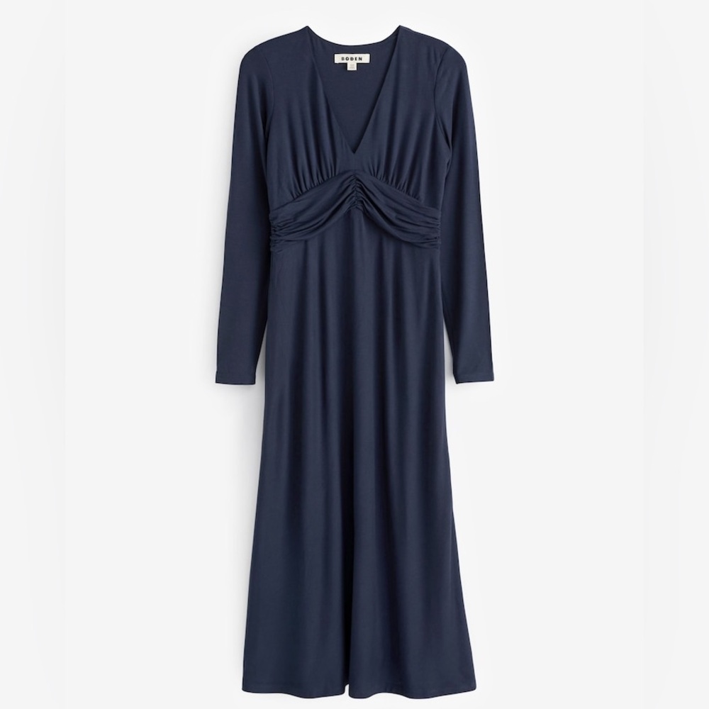 Boden: Empire Ruched Waist Midi Dress: Navy Blue: Size 8P